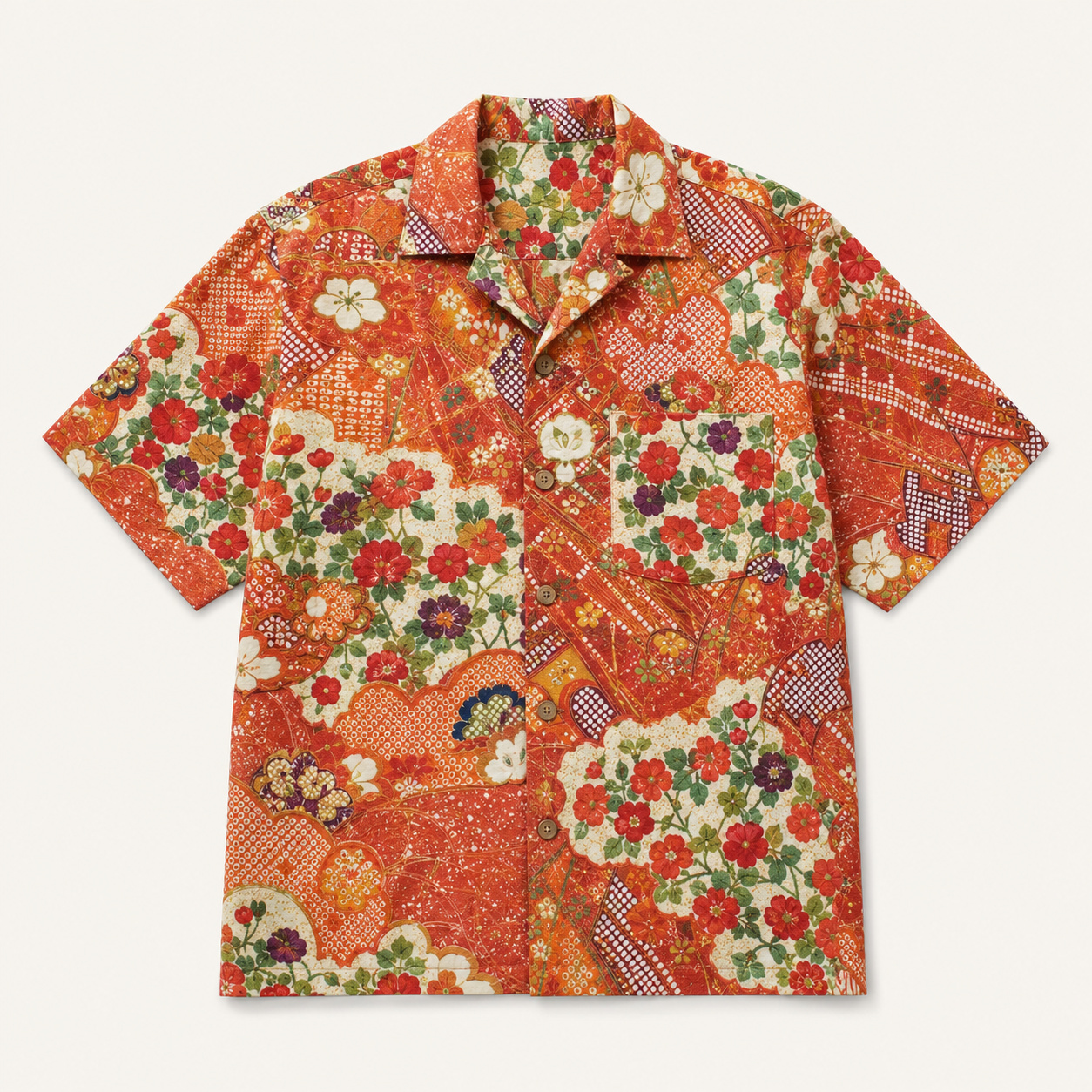 紅白の花柄を配したアロハシャツ