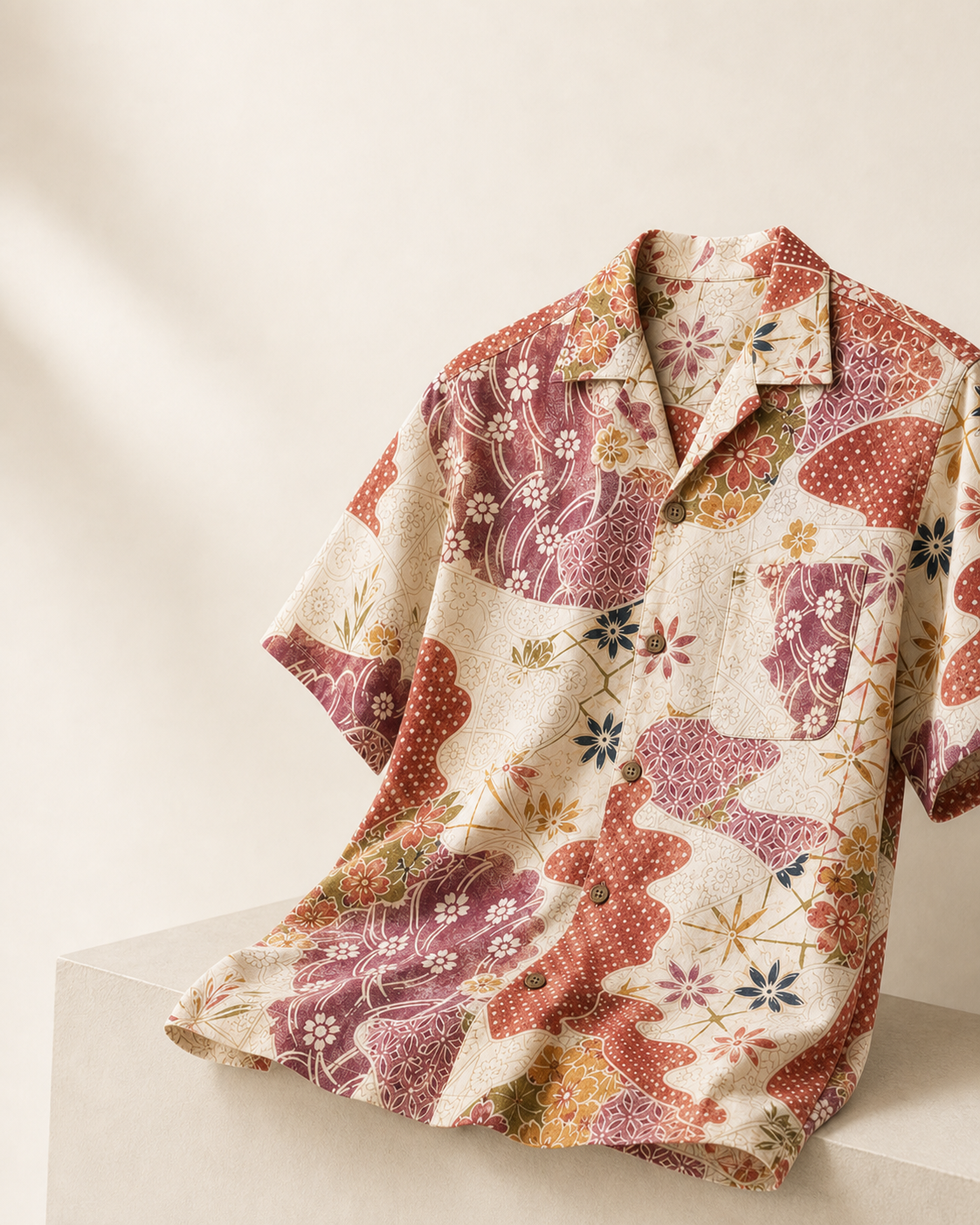 紅白の着物柄を用い、台の上に自然に掛けたアロハシャツの生成イメージ